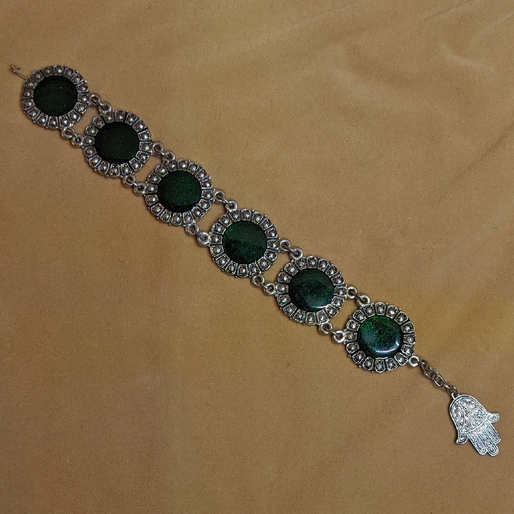 Vintage Hamsa Hand Bracelet, Souvenir Du Maroc (Morocco), Adjustable, Silvertone